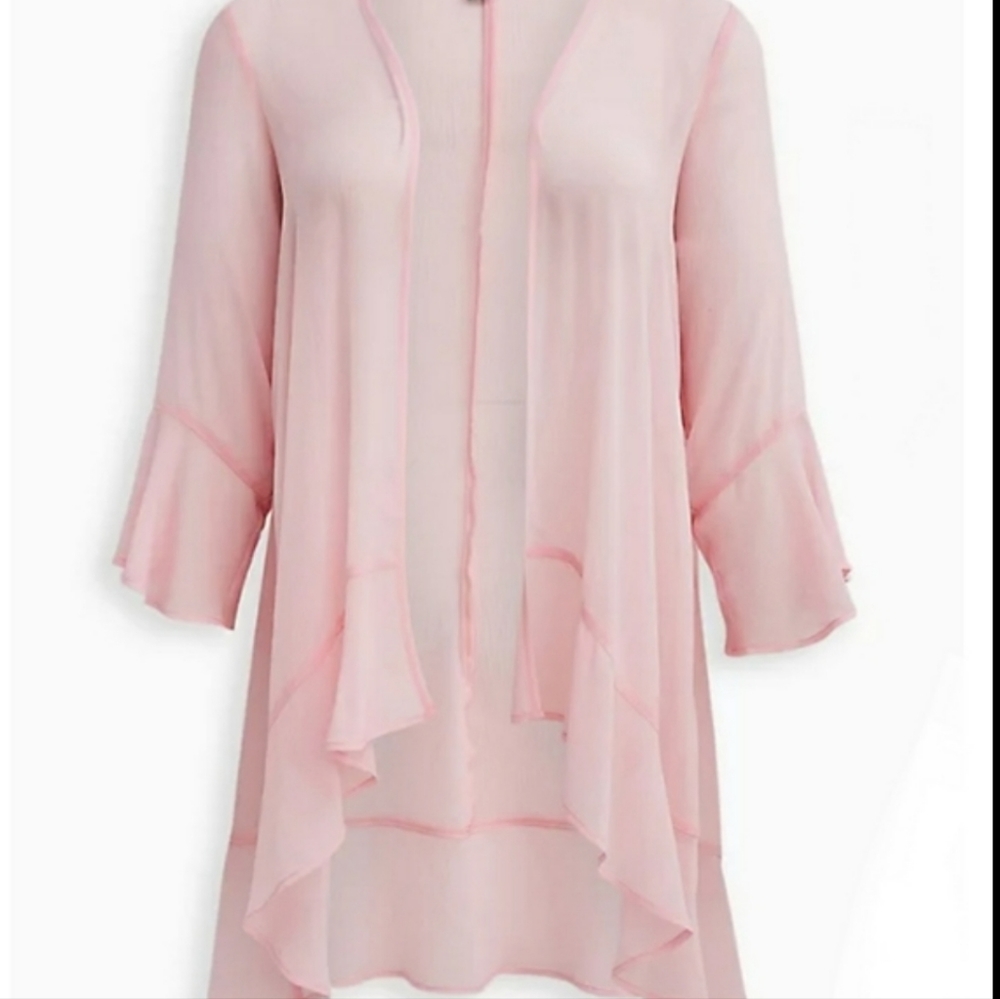 Torrid Kimono Top 2X 18/20W Crinkled Pink Chiffon Sheer Ruffle Bell Sleeve NWT - Picture 6 of 14